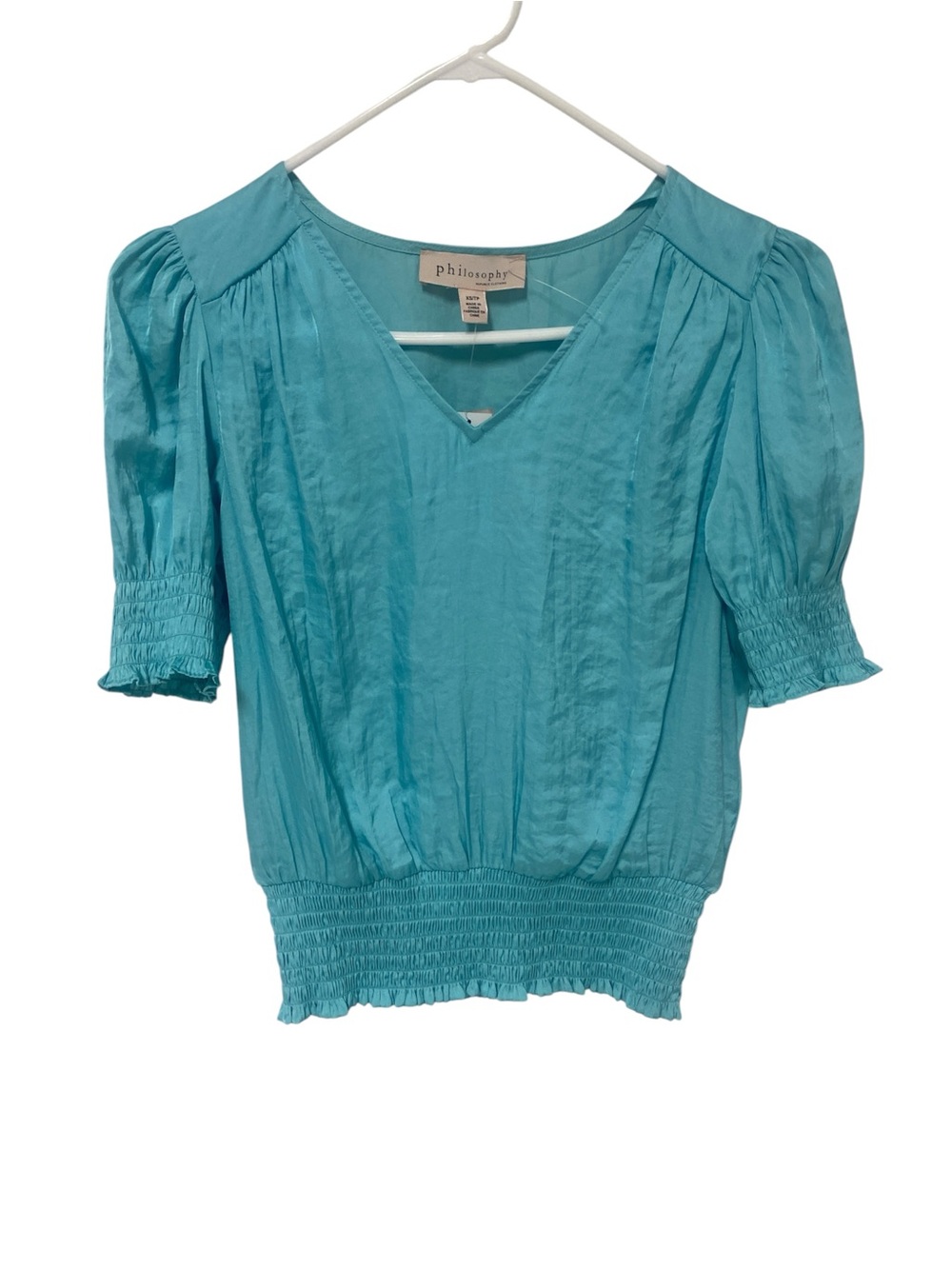 Philosophy Teal V-Neck Puff Sleeve Smocked Waist Top